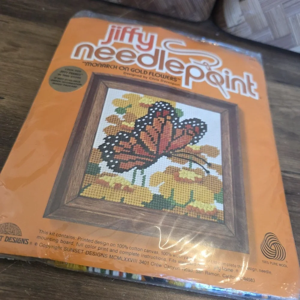Jiffy Needlepoint Kit Monarch On Gold Flowers Sunset Designs Unopened New #5216